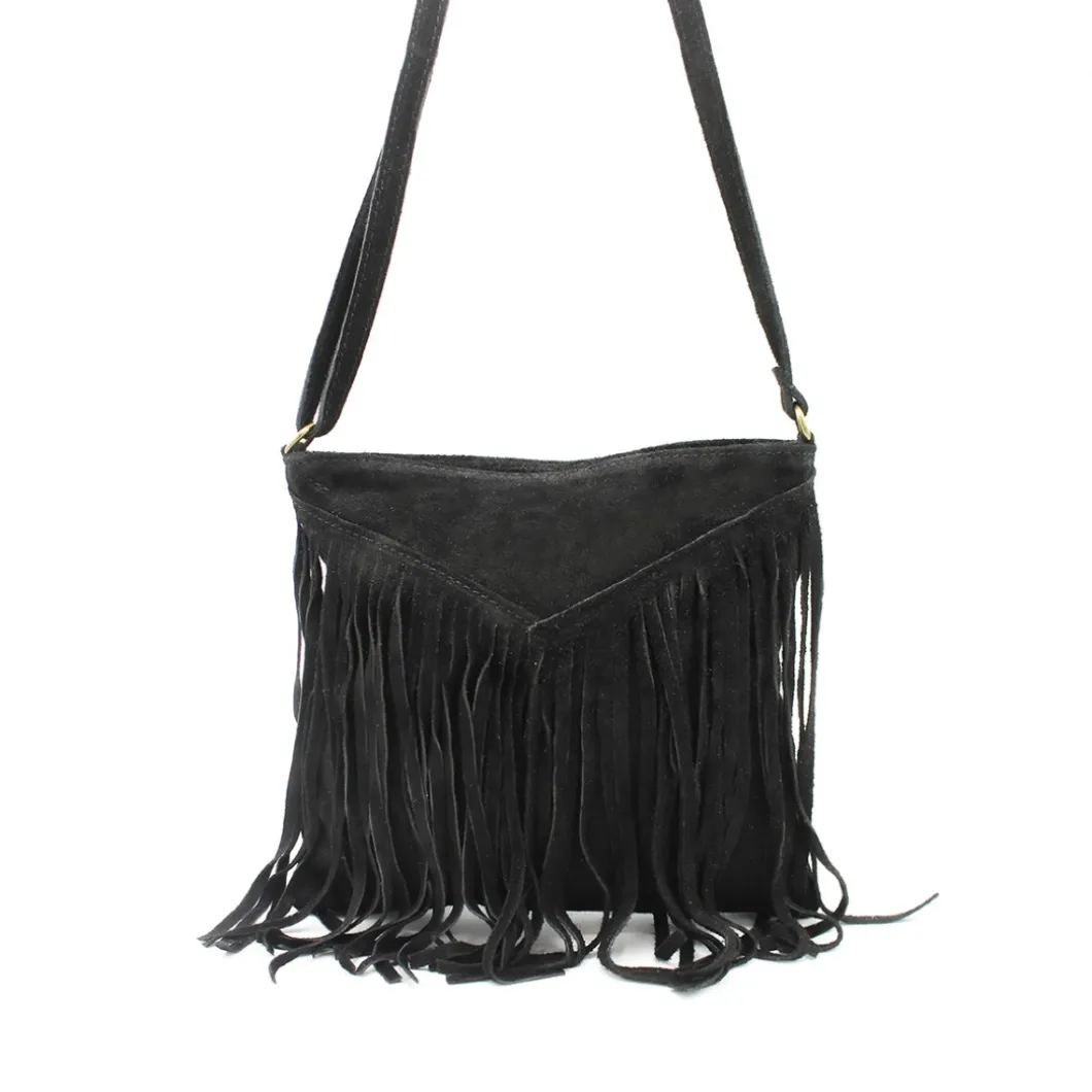 Bolso bandolera negro con flecos serraje