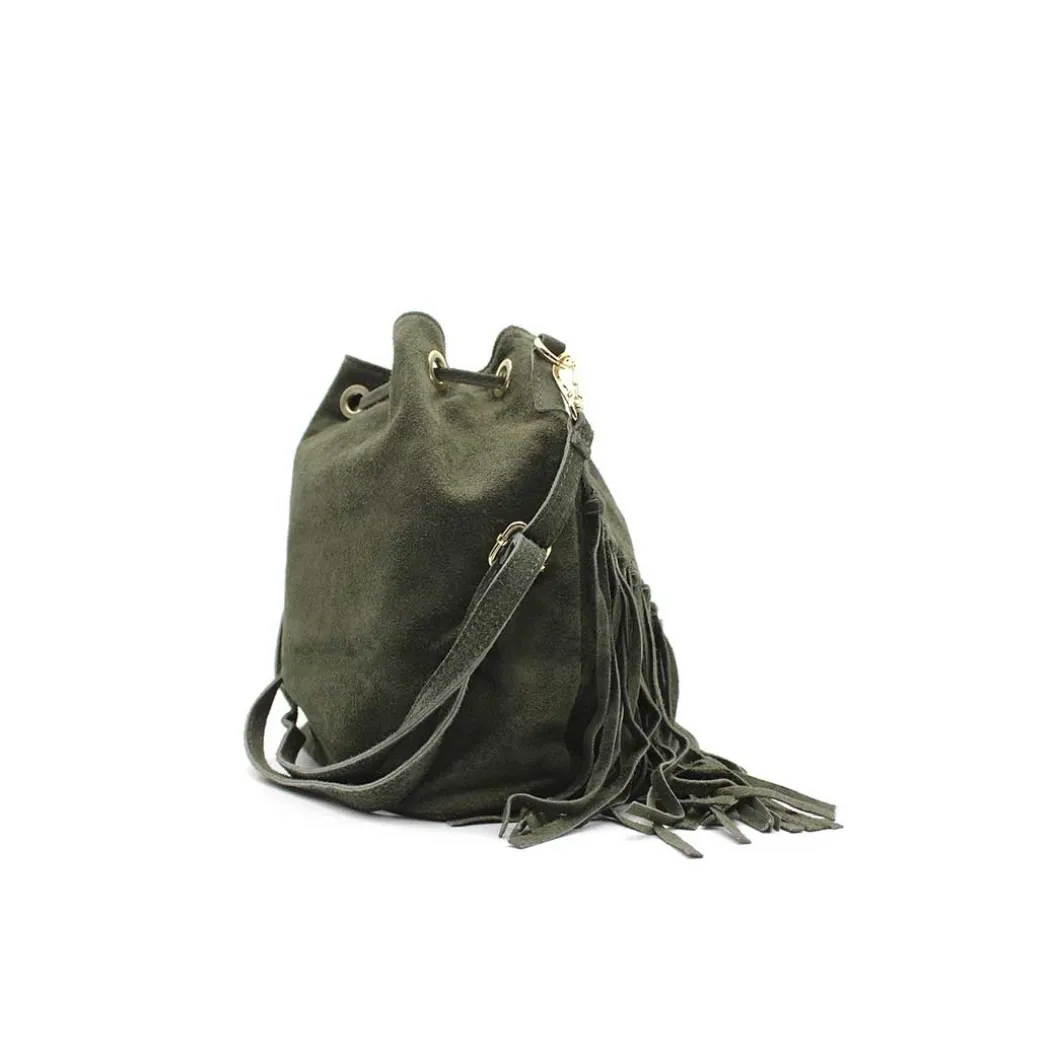 Bolso saco verde con flecos