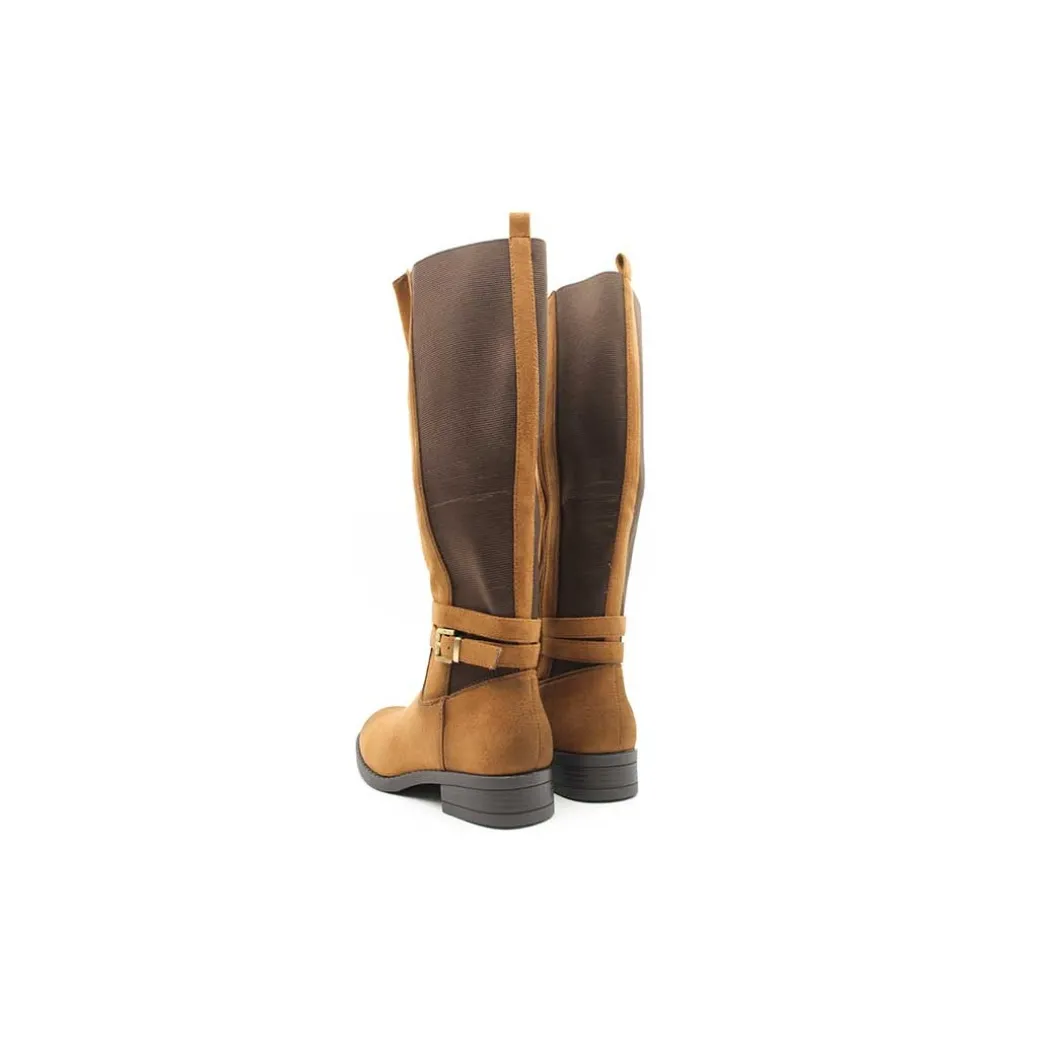 Bota caña elástica plana camel