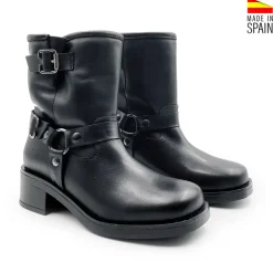 Botín biker negro de piel