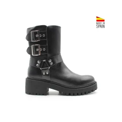 Botín motero negro piel con hebillas