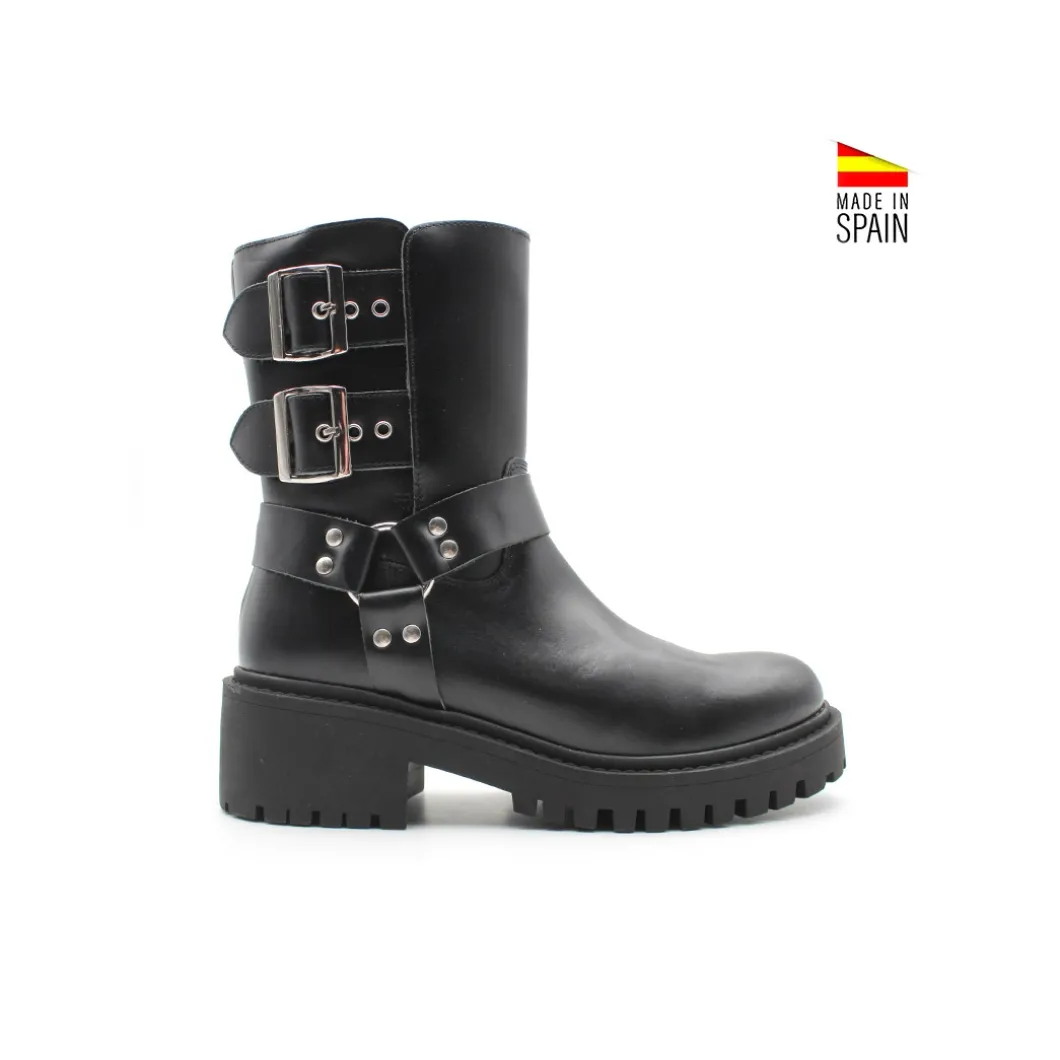 Botín motero negro piel con hebillas