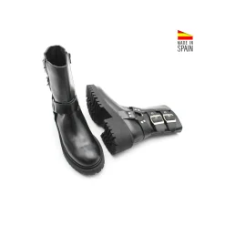 Botín motero negro piel con hebillas