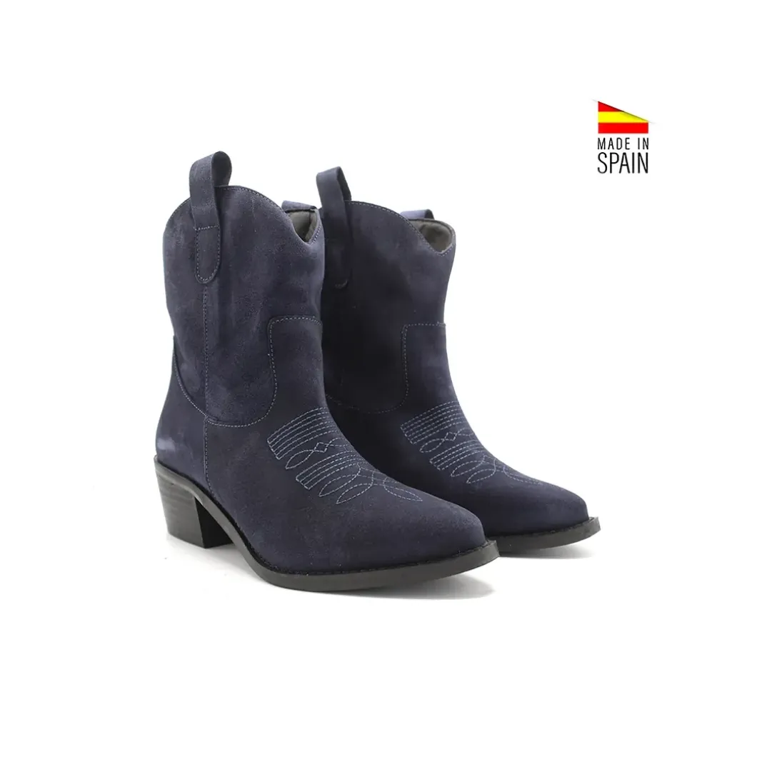Botín serraje azul de tacón campera