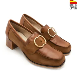 Mocasín camel piel/ante con hebilla y tacón