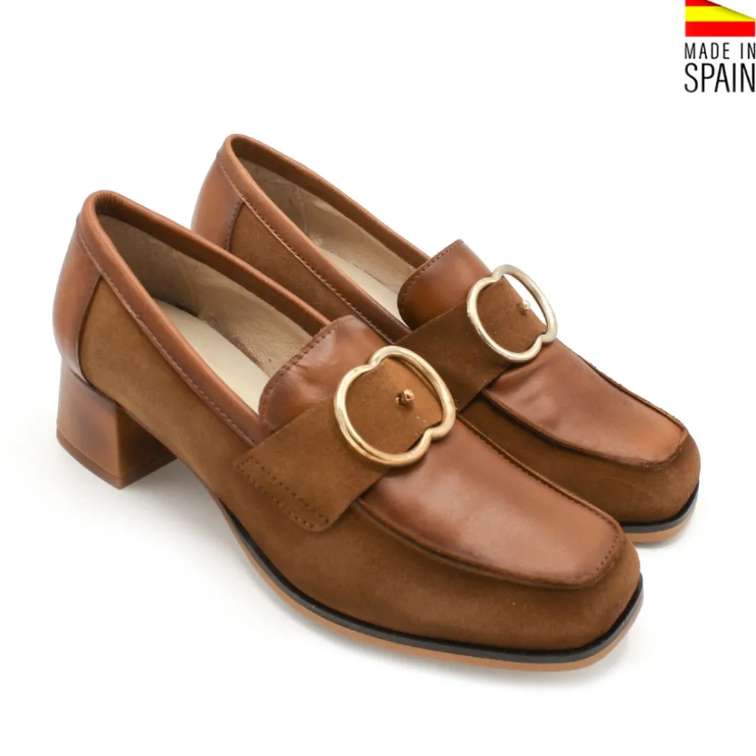 Mocasín camel piel/ante con hebilla y tacón