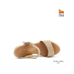 Sandalia beige cuña de piel serraje