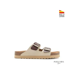 Sandalia bio hebillas cuero y beige