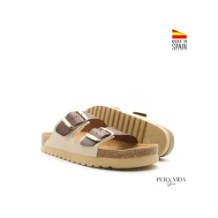 Sandalia bio hebillas cuero y beige