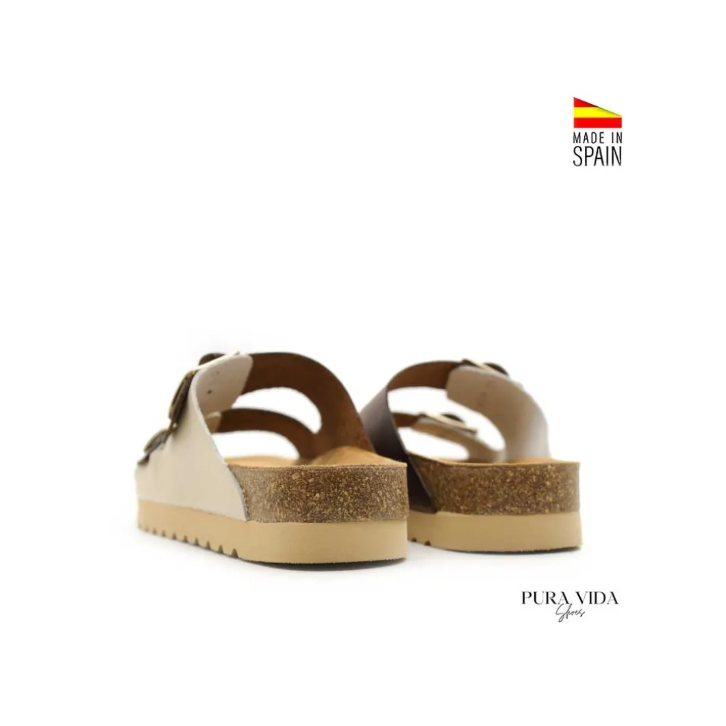 Sandalia bio hebillas cuero y beige