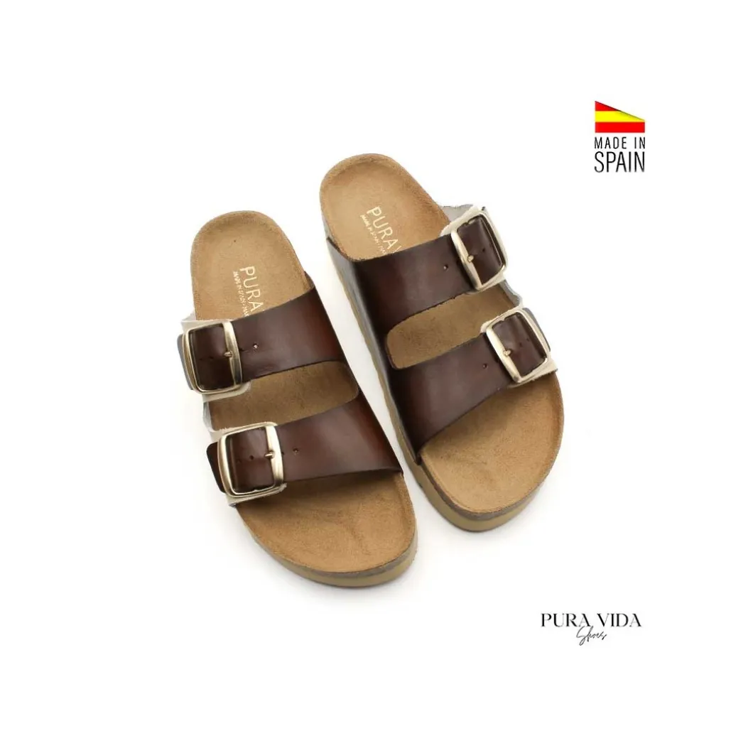 Sandalia bio hebillas cuero y beige