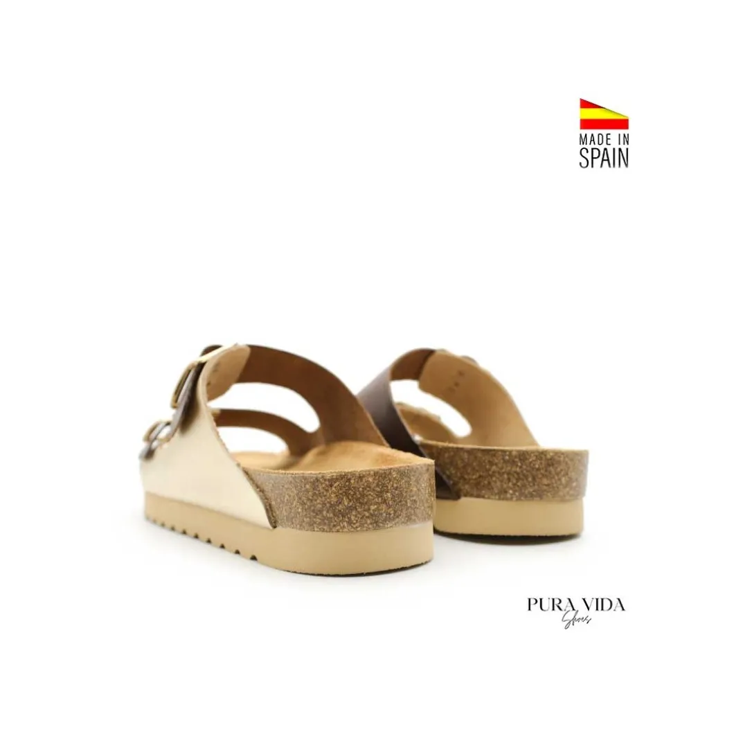Sandalia bio hebillas cuero platino