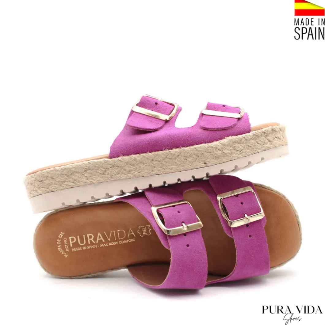 Sandalia hebillas fucsia de serraje