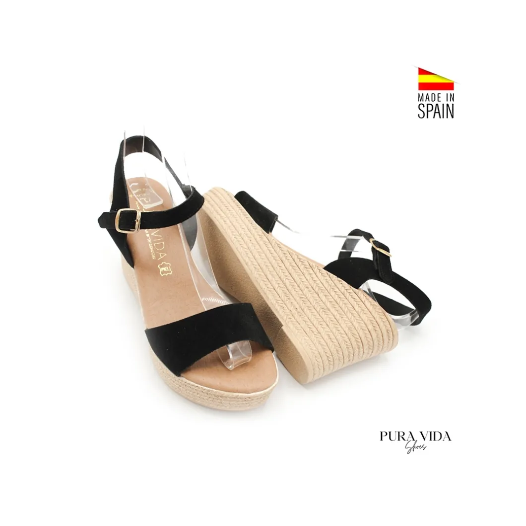 Sandalia negra cuña de piel serraje