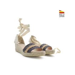 Sandalia rafia azul/beige con cuña baja esparto