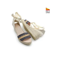 Sandalia rafia azul/beige con cuña baja esparto