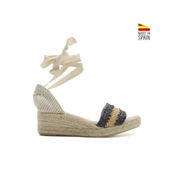 Sandalia rafia azul/beige con cuña baja esparto
