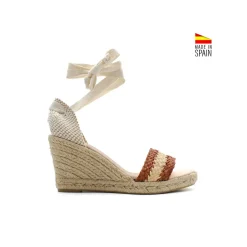 Sandalia rafia teja/beige con cuña esparto
