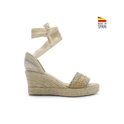Sandalia rafia verde/beige con cuña yute