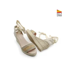 Sandalia rafia verde/beige con cuña yute