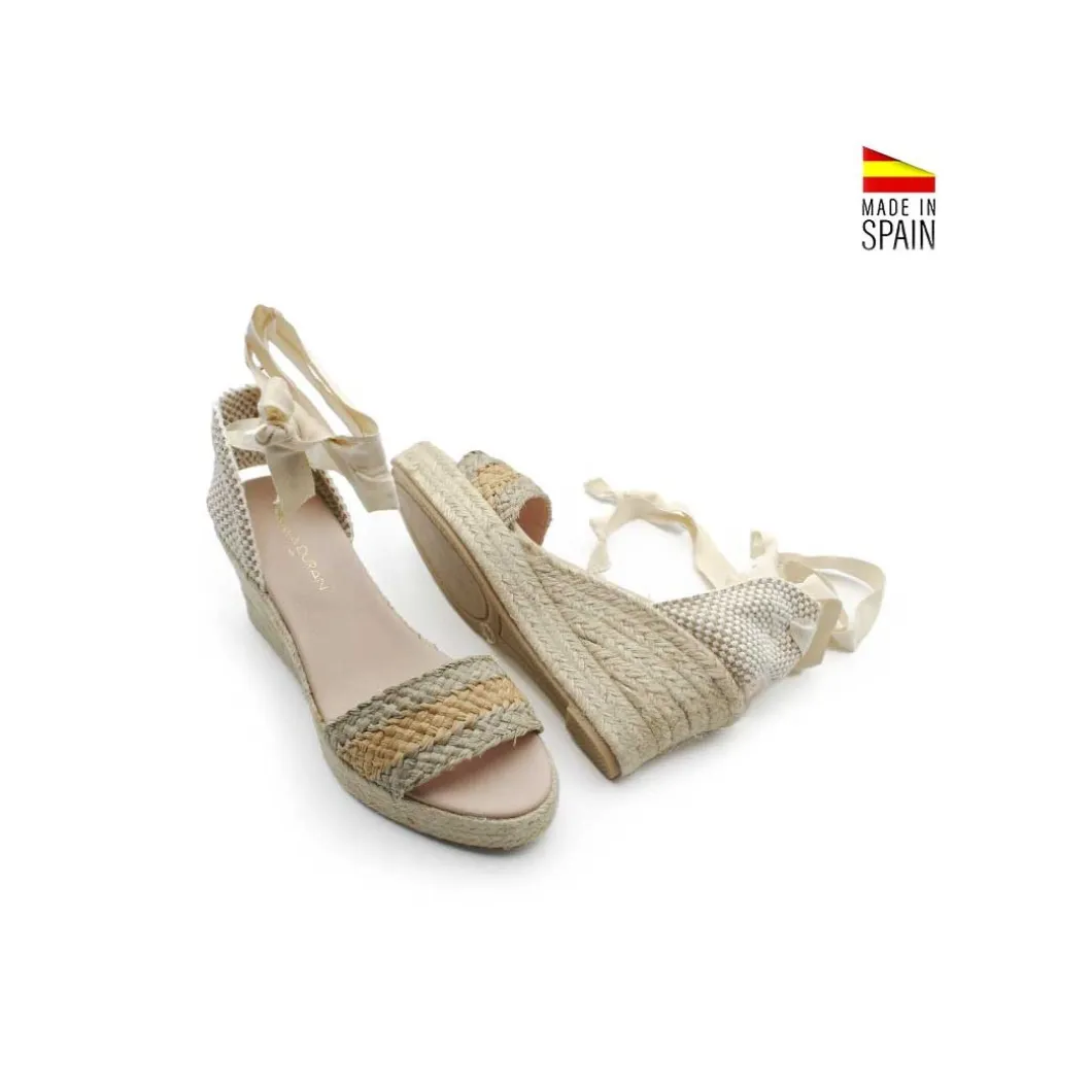Sandalia rafia verde/beige con cuña yute