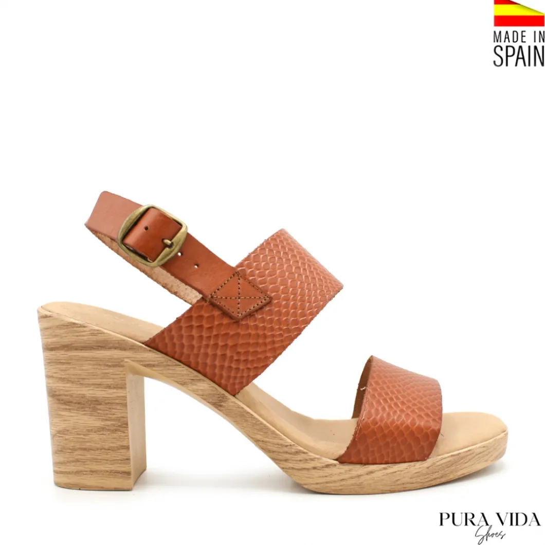 Sandalia tacon piel cuero doble tira