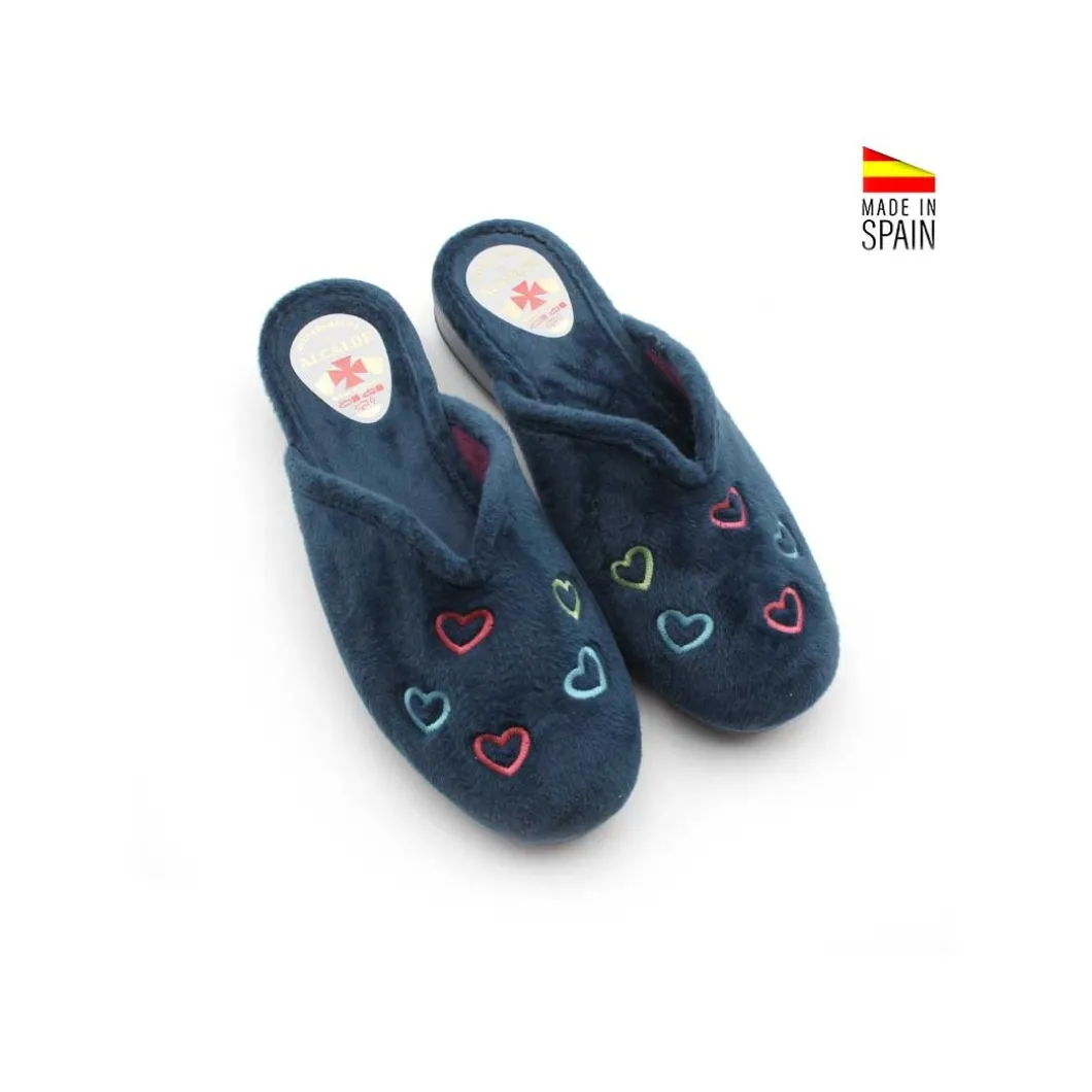Zapatilla casa azul con cuña corazones