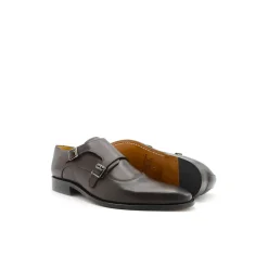 Zapato doble hebilla marrón de piel