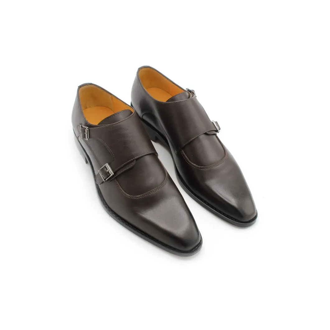 Zapato doble hebilla marrón de piel