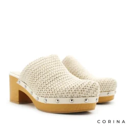 Zueco crochet beige con tacón y plataforma