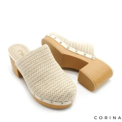 Zueco crochet beige con tacón y plataforma