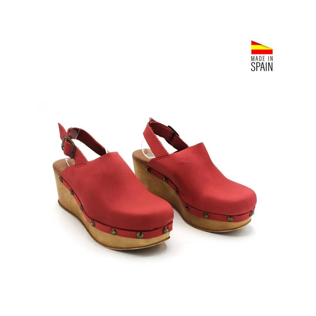 ZUECO MADERA CUÑA NOBUCK ROJO