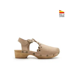 Zueco madera niña piel taupe